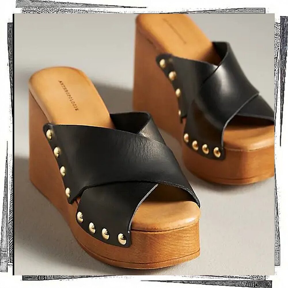NWT: Black Leather Cross Strap Wedge Heels (39 EU) by Anthropologie - Picture 2 of 3